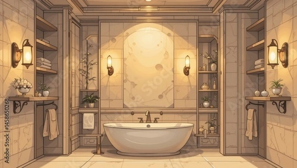 Obraz Elegant Modern Bathroom Interior Featuring Relaxing Bathtub and Tasteful Shelving Display