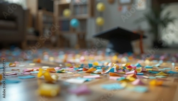 Fototapeta Colorful Confetti on Floor Celebrating Graduation with Cap and Decorations in Indoor Setting