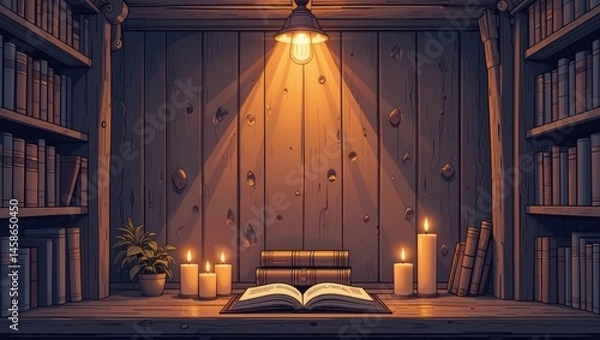 Obraz Cozy Reading Nook with Open Book, Candles, and Warm Light in a Wooden Library