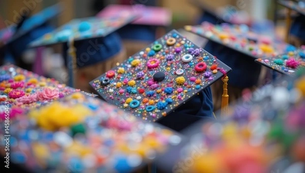 Fototapeta Decorative Graduation Caps with Colorful Embellishments During Graduation Ceremony