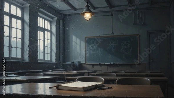 Obraz Empty Classroom with Snowfall Outside, Warm Light, and a Quiet Atmosphere in Winter Season