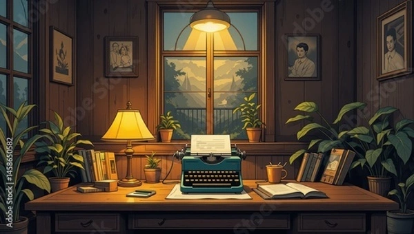 Obraz Cozy Vintage Workspace with Typewriter and Warm Lighting Surrounded by Plants at Dusk