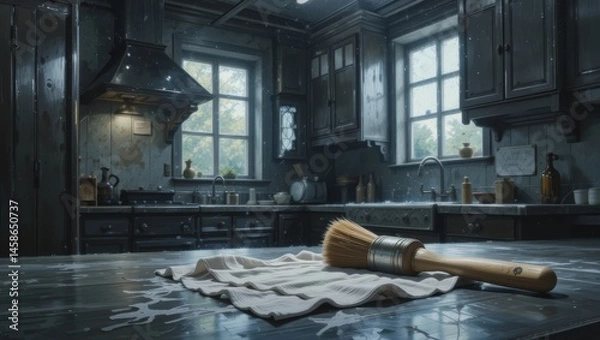 Fototapeta Rustic Kitchen Interior with a Mop on the Countertop and Late Afternoon Light Filtering Through Windows
