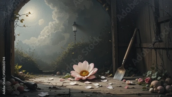 Obraz Tranquil Garden Scene Featuring a Lotus Flower on a Wooden Floor with Soft Atmospheric Lighting