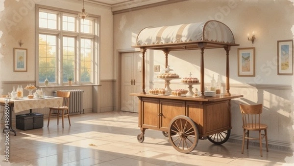 Obraz Cozy Bakery Interior Featuring a Wooden Cart with Pastries and a Warm Sunlit Atmosphere