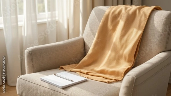 Obraz Cozy Living Room Scene Featuring Soft Orange Blanket Draped Over Stylish Sofa with Notebook