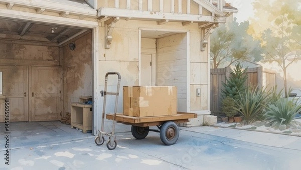 Obraz Delivery Boxes on a Wooden Cart Outside a Garage with Sunlight Filtering Through Trees