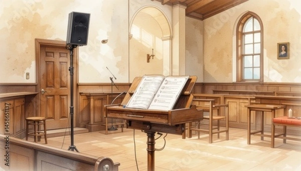Obraz Interior Views of a Chapel with Wooden Music Stand and Sheet Music in a Serene Atmosphere
