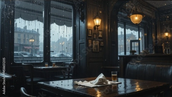 Obraz Cozy Restaurant Interior with Dark Wood Decor and Rainy Window View in an Urban Setting