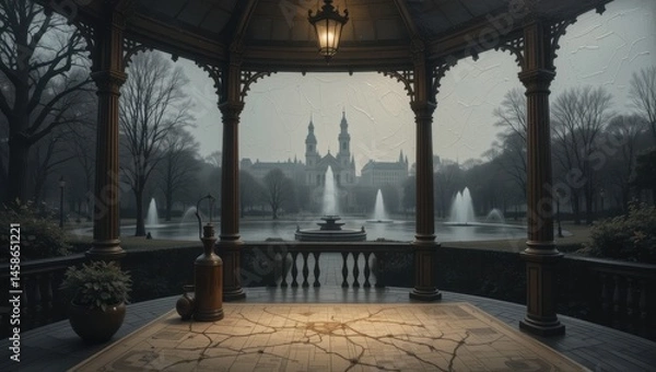 Obraz Enchanted Gazebo Overlooking Foggy Park with Fountains and Mystical Atmosphere at Dusk