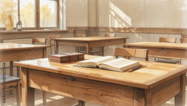 Obraz Empty Classroom with Wooden Desks and Books Illuminated by Natural Light in Autumn Atmosphere