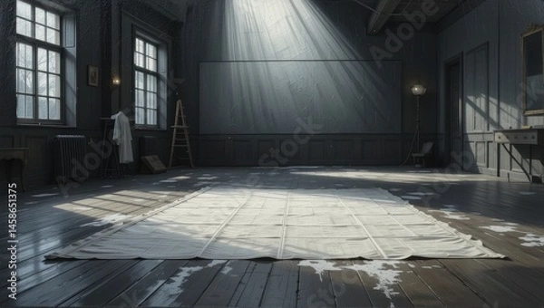 Obraz Spacious Empty Room with Wooden Floor and Soft Light Streaming Through Windows with Snow