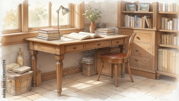 Obraz Cozy Wooden Desk Surrounded by Books and Natural Light in a Serene Study Environment