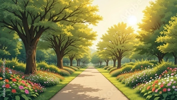 Obraz Lush Green Pathway Surrounded by Vibrant Flowers and Trees in a Serene Park Setting at Sunrise