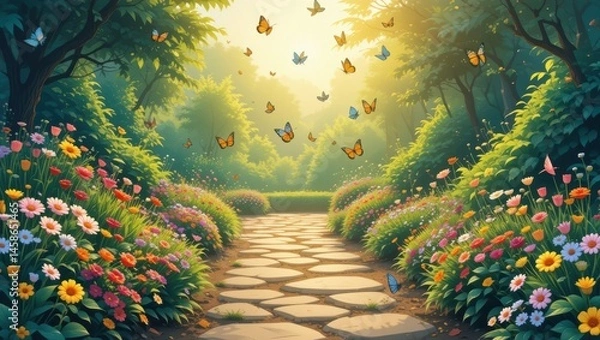 Obraz Pathway Through a Colorful Flower Garden Surrounded by Butterflies and Sunlit Trees