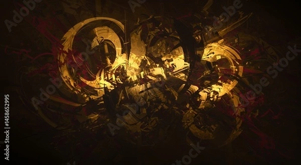 Fototapeta Abstract Gold and Crimson Fractured Forms in Dark Space