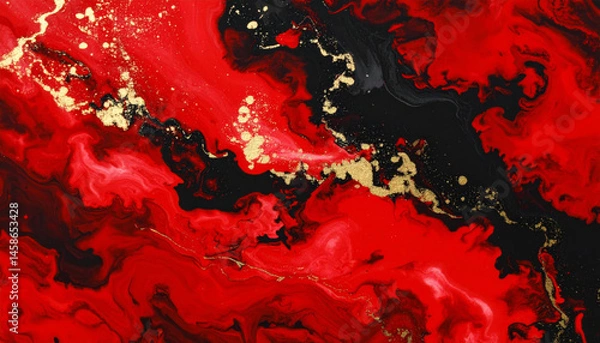 Fototapeta Intense abstract cloudscape featuring vibrant red and black swirls with golden highlights, evoking strong emotions and modern art style. captivating visual experience