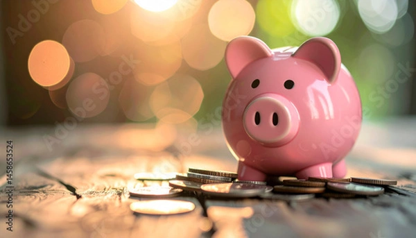 Fototapeta lonely pink piggy bank sits on wooden surface surrounded by scattered coins, evoking sense of sadness about low savings. soft shadows and warm bokeh create reflective atmosphere