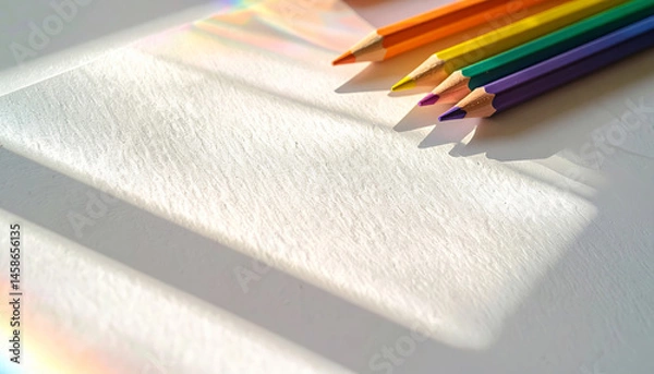 Fototapeta Vibrant colored pencils arranged on textured white surface, casting soft shadows and reflecting light, create cheerful and artistic atmosphere