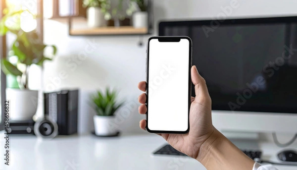 Fototapeta hand holding smartphone with blank white screen is displayed front of modern desk setup featuring plants and computer. This minimalistic home office setup creates serene and productive atmosphere