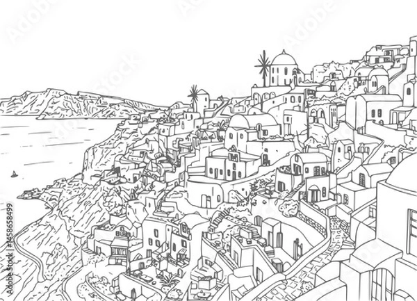 Fototapeta Santorini landscape coloring page drawing illustration for adult