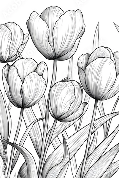 Fototapeta Intricate line drawing of several tulips surrounded by leaves Generative AI