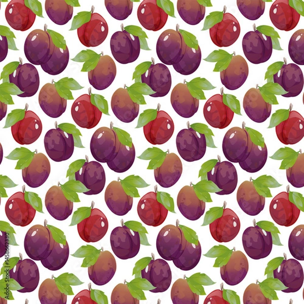 Fototapeta Seamless pattern plum in game design. For sticker and t-shirt design, posters, logos, labels, banners, stickers, product packaging design, etc