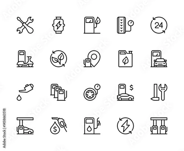 Fototapeta Gas station related vector linear icons set. Contains such icons as maintenance, fuel, filling station, tire service and more.
