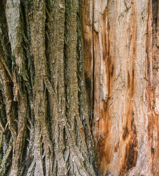 Fototapeta Dual texture of rough bark and bare wood on the trunk of a chestnut tree