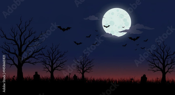 Fototapeta Spooky Halloween Night: Full Moon, Bats, and Silhouetted Trees Background