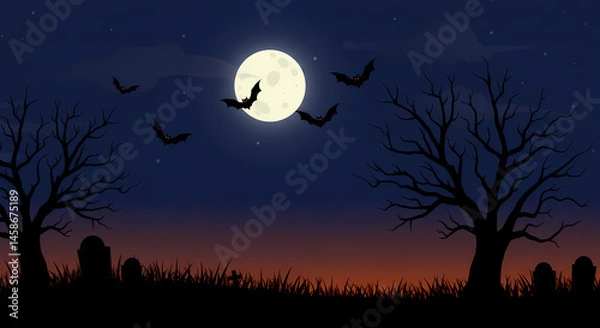 Fototapeta Spooky Halloween Night with Full Moon and Bats