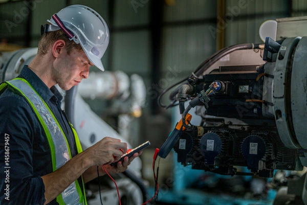 Fototapeta male engineer workers maintenance automatic robotic arm machine in a factory. worker checking and repairing automatic robot hand machine. technician worker check for repair factory machine.