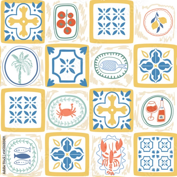 Fototapeta Mediterranean tile seamless pattern. Italian summer patchwork, mosaic print with ceramic ornament, lobster, sardine, tomatoes, wine, palm tree. Vector hand drawn textile design, background, wallpaper
