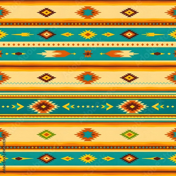 Fototapeta Southwestern ethnic horizontal stripes with arrows and sunbursts, seamless pattern.