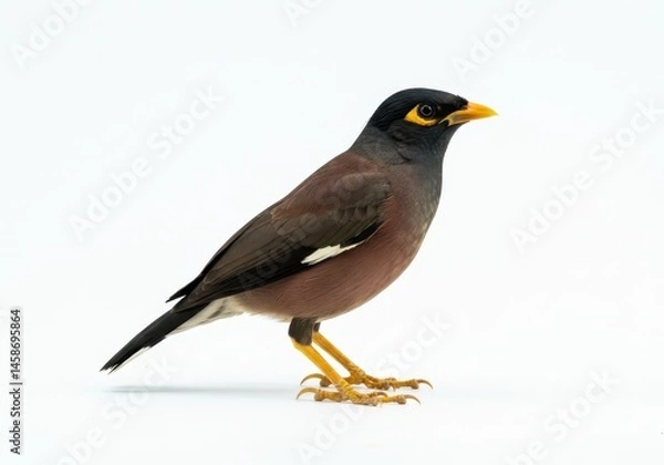 Fototapeta Beautiful Common Myna Bird Isolated White Background Detailed Photo Beak Feet Avian Brown Black