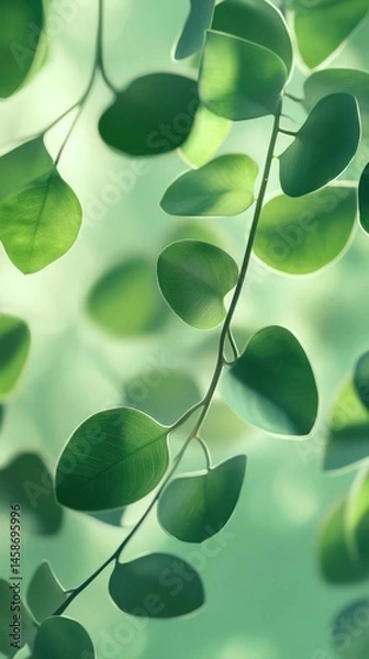Fototapeta fresh healthy green leaves with smooth texture on hanging branch, soft focus background, natural lighting, serene calming atmosphere, green foliage. nature or wellness background, eco-friendly design.