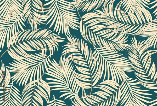 Fototapeta Tropical leaves vector background. Natural jungle palm leaves design in beige with outline drawing. Design for fabric, print, cover, banner, decoration, wallpaper.