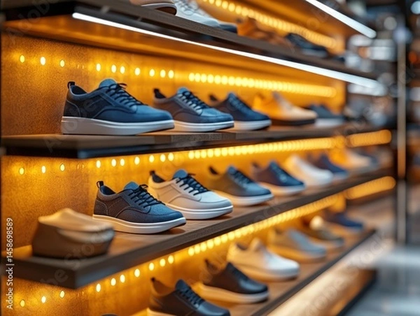 Fototapeta Stylish athletic shoes displayed on lighted shelves in retail setting
