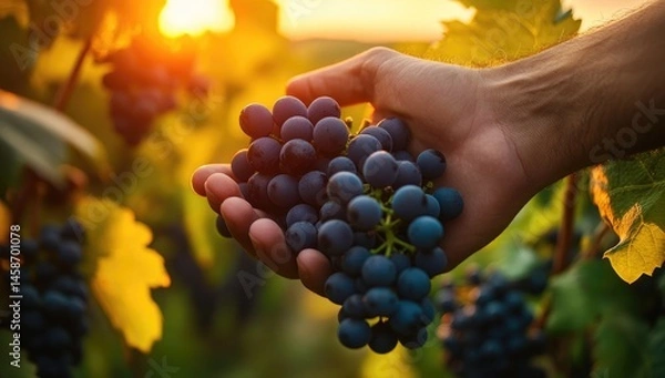 Fototapeta Handful of ripe dark grapes in vineyard at sunset (1)