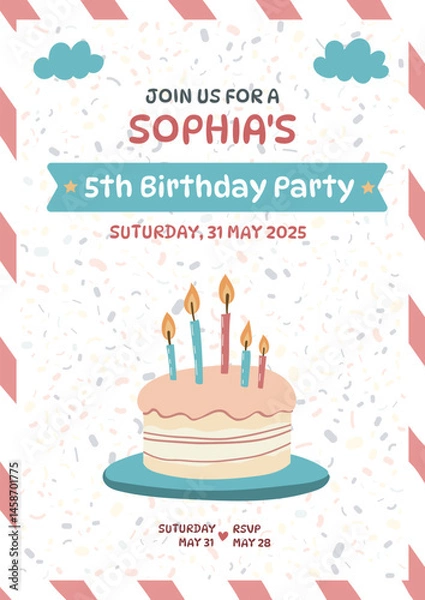 Obraz Adorable pastel birthday card for a girl's 5th party. Editable invite with cake illustration, ideal for children’s events and celebration designs