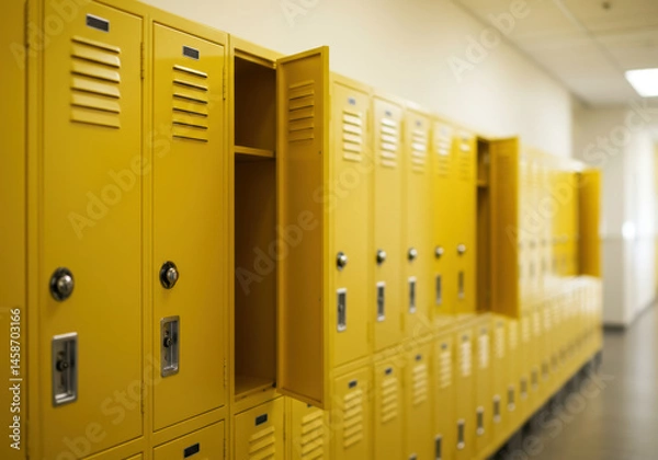 Fototapeta A close up view of yellow lockers in a school hallway, some open, offering a look inside.