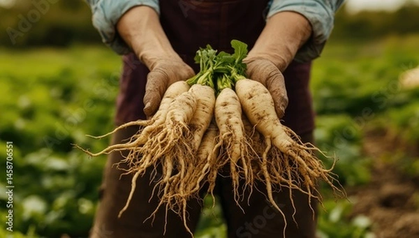 Fototapeta Freshly harvested roots held in hands (2)