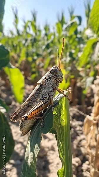 Obraz Grasshopper perched on leaf, corn plants behind