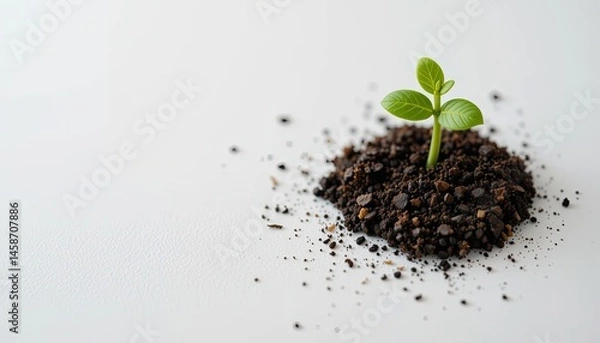Fototapeta A small green sprout growing from a pile of dark soil on a clean white surface in a close up shot
