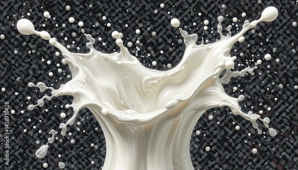 Fototapeta Close up shot of a milk splash against a dark patterned background with flying small droplets around it