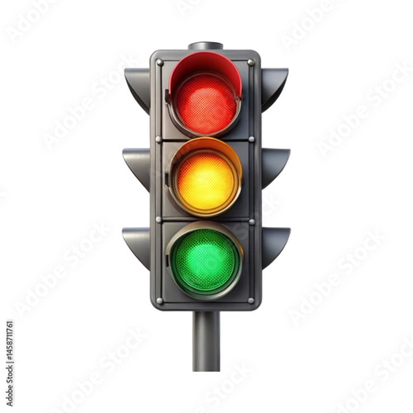 Fototapeta vibrant traffic signal light red yellow green standing against the urban backdrop, ensuring smooth road safety and organized movement transparent background 