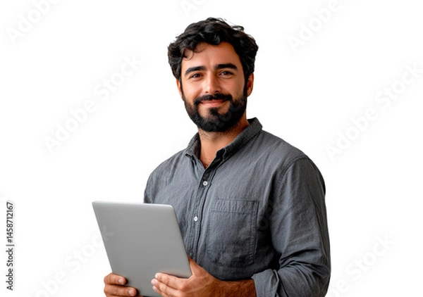 Fototapeta Portrait of handsome smiling man using a tablet on a transparent background