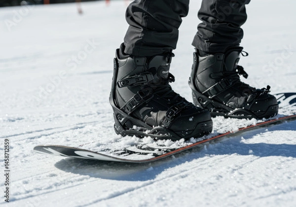 Fototapeta A close up view of snowboard boots attached to a snowboard on a fresh snowy surface.