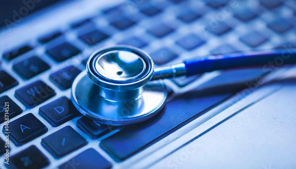 Fototapeta Stethoscope on computer keyboard. Digital healthcare innovation. A close-up of a stethoscope resting on a keyboard, representing the fusion of medical practice and technology in modern healthcare.