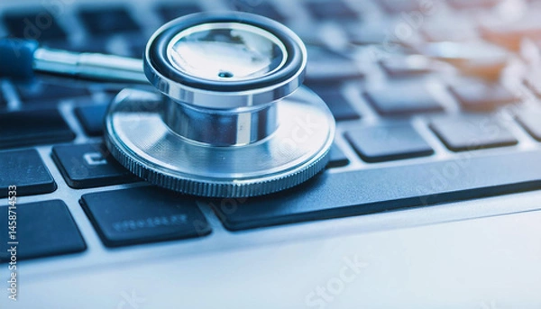 Fototapeta Stethoscope on laptop keyboard. Digital healthcare innovation. A close-up of a stethoscope resting on a keyboard, representing the fusion of medical practice and technology in modern healthcare.